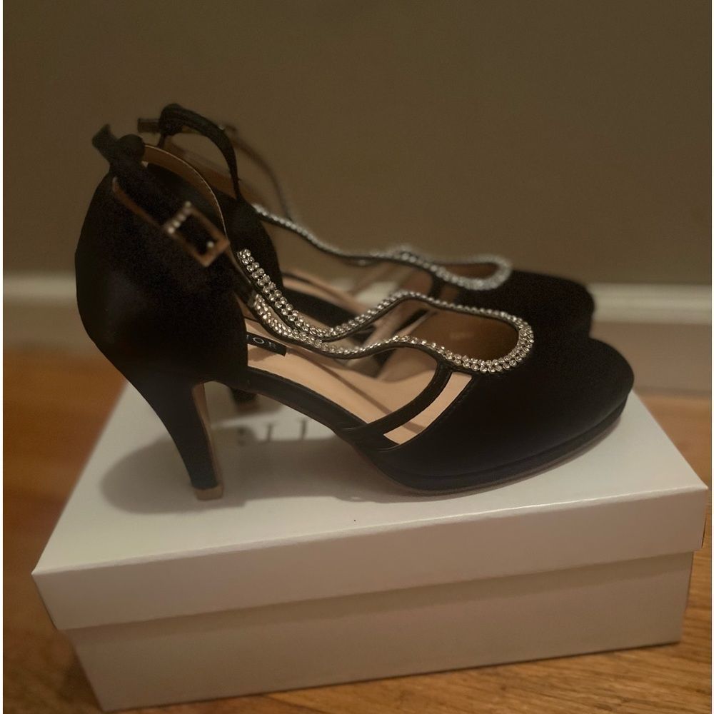 Black and rhinestone satin heels